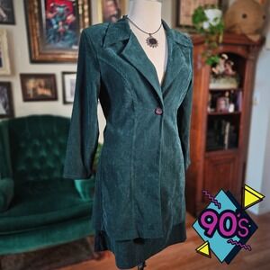 Splurge by ISB Skirt Suit Vintage 90s Dark Green Faux Suede Blazer Set Medium